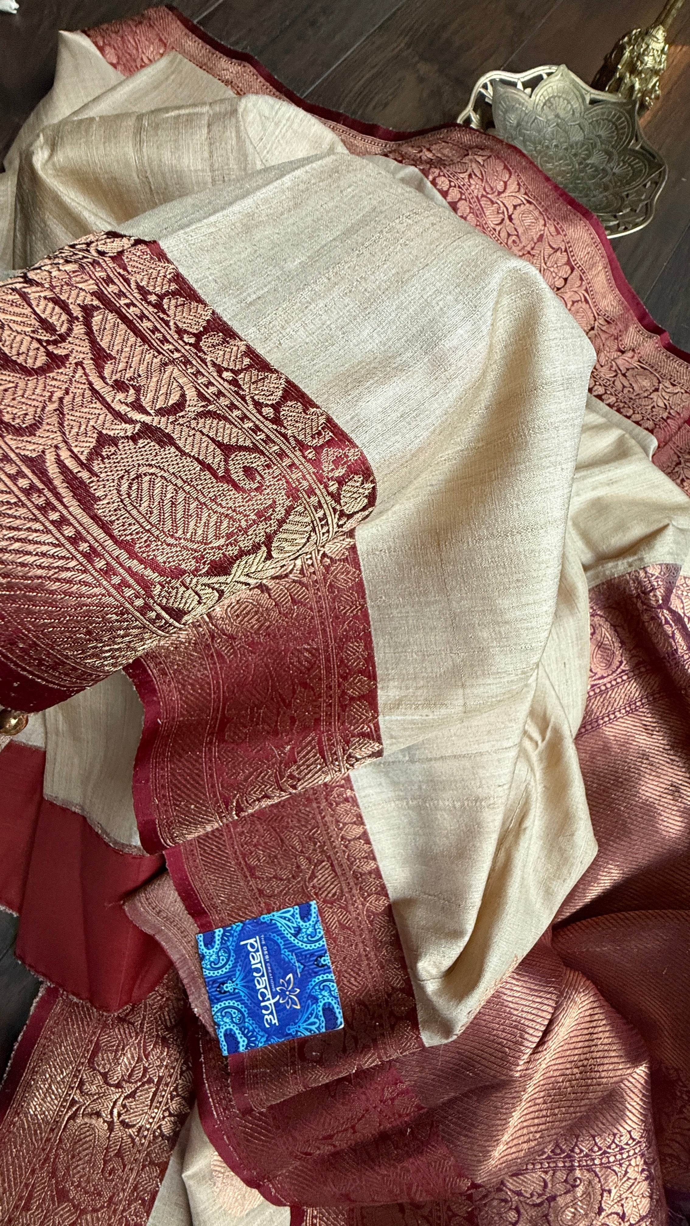 Pure Tussar Silk Banarasi - Beige Maroon