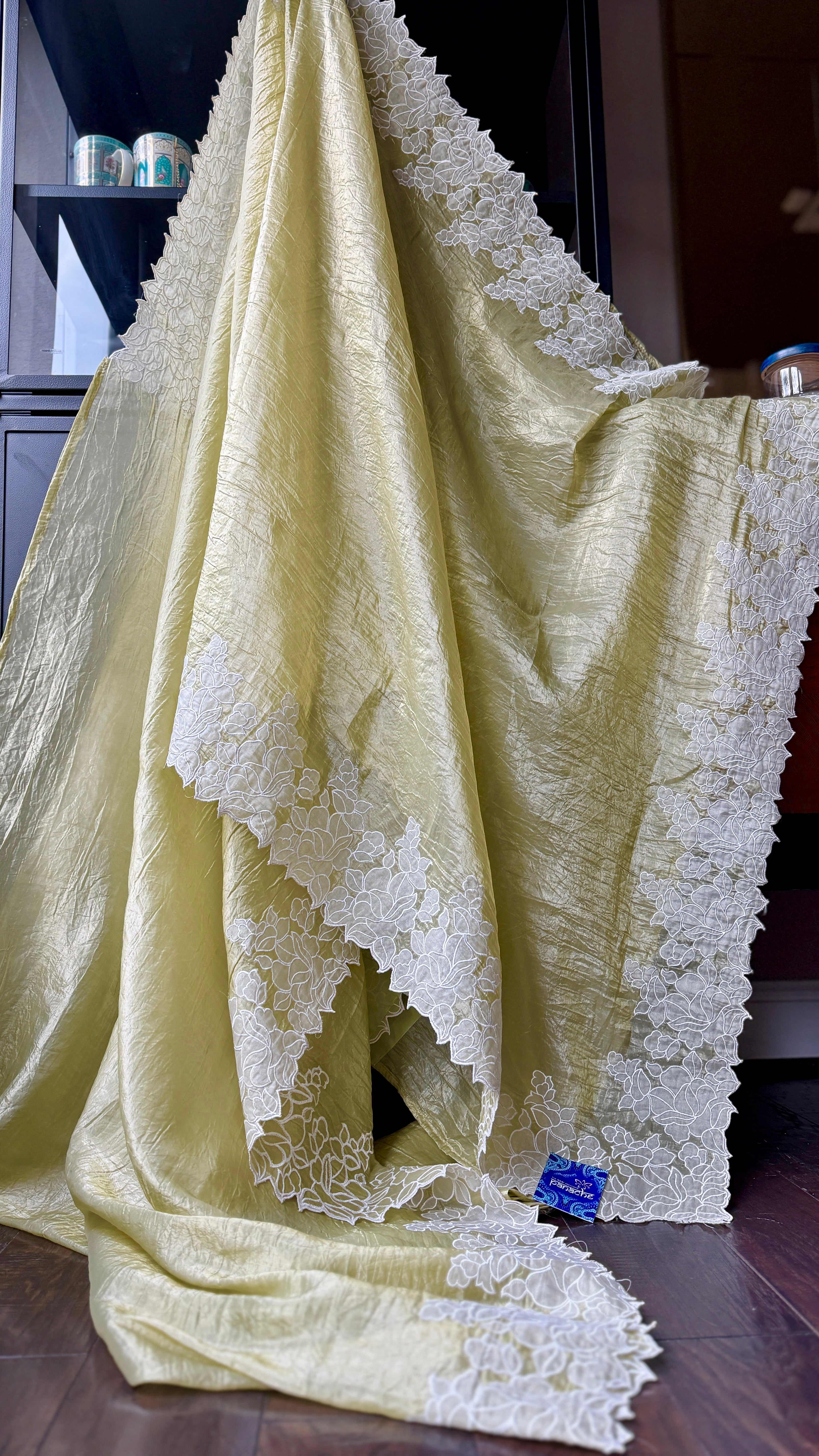 Designer Crushed Tissue Silk - Light Pista Appliqué Embroidered
