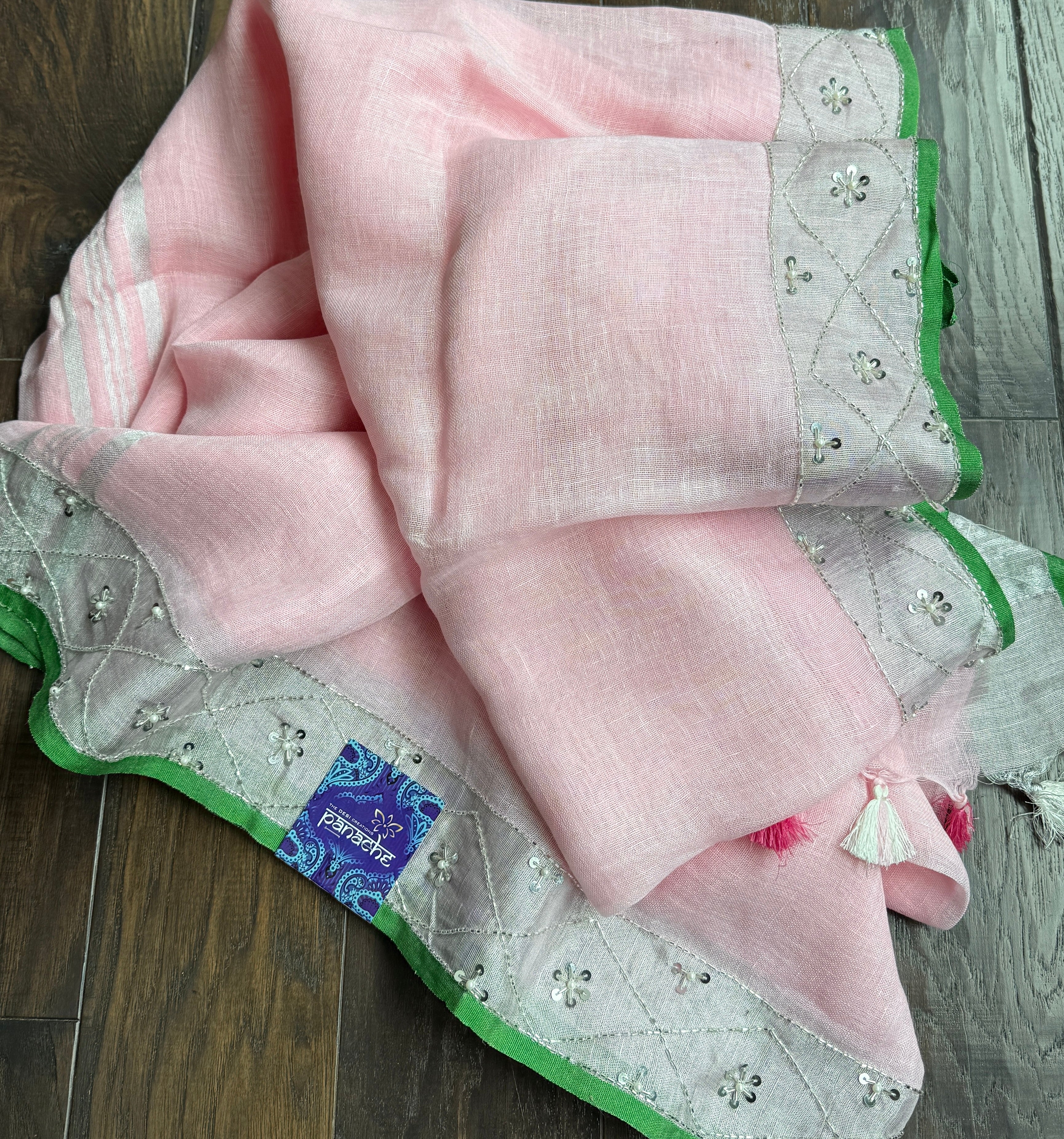Designer Linen Sequin embroidered - Light Pink Green