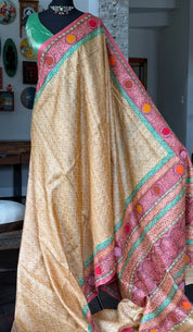 Printed Tussar Silk Kantha Stitch - Light Ochre Yellow
