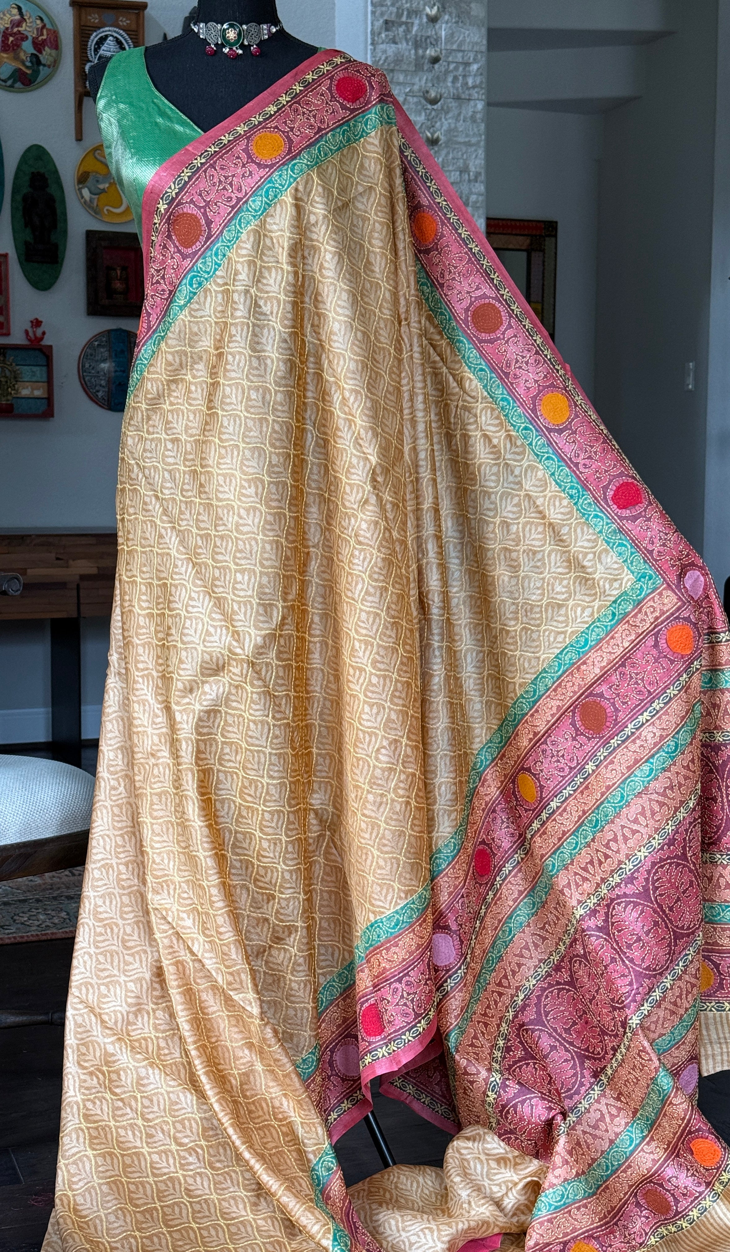 Printed Tussar Silk Kantha Stitch - Light Ochre Yellow
