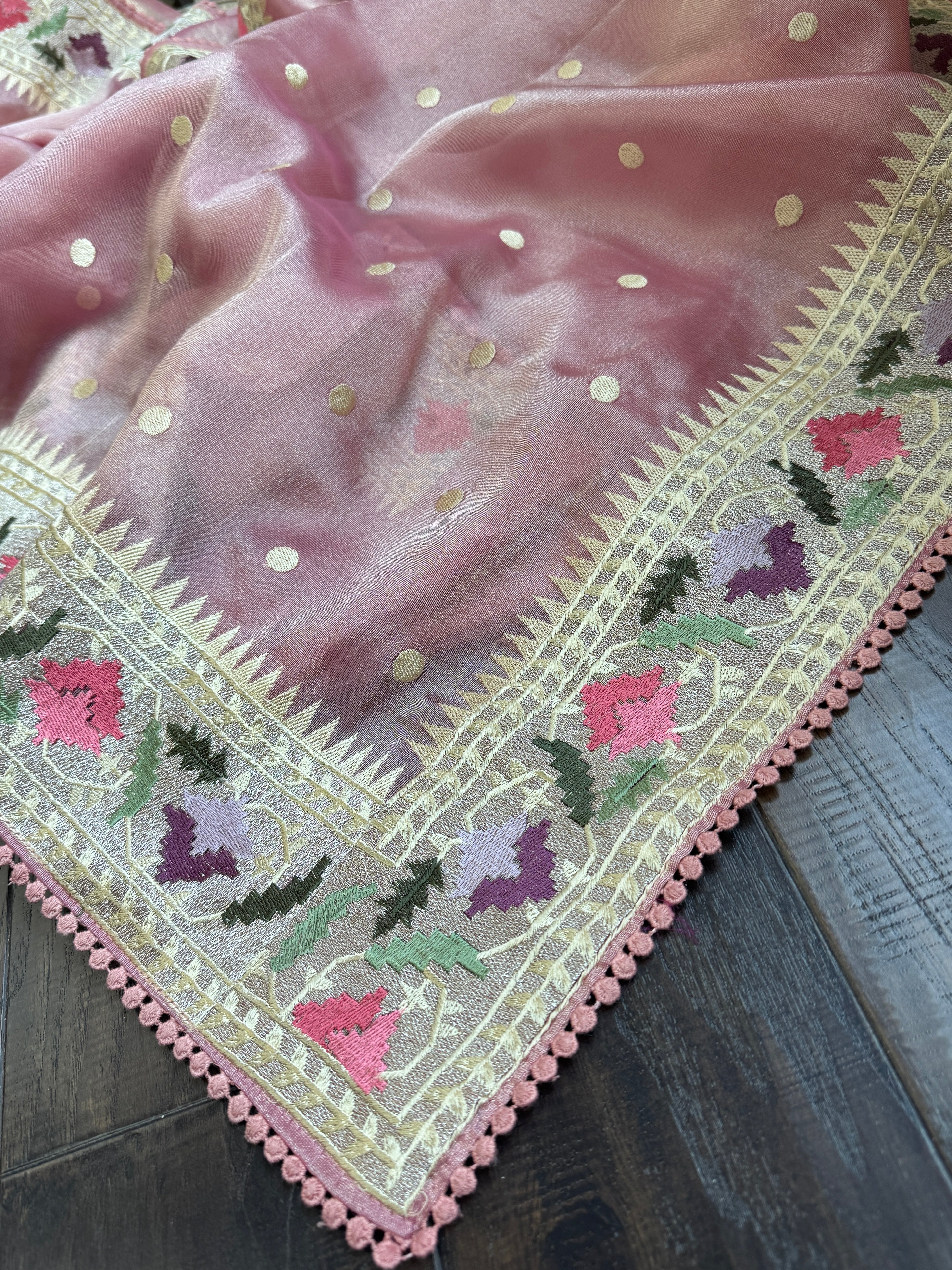 Designer Tissue Silk Paithani - Mettalic Pink Embroidered