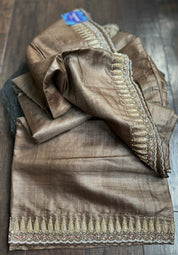 Designer Hand Zardozi Pure Tussar Silk - Brown