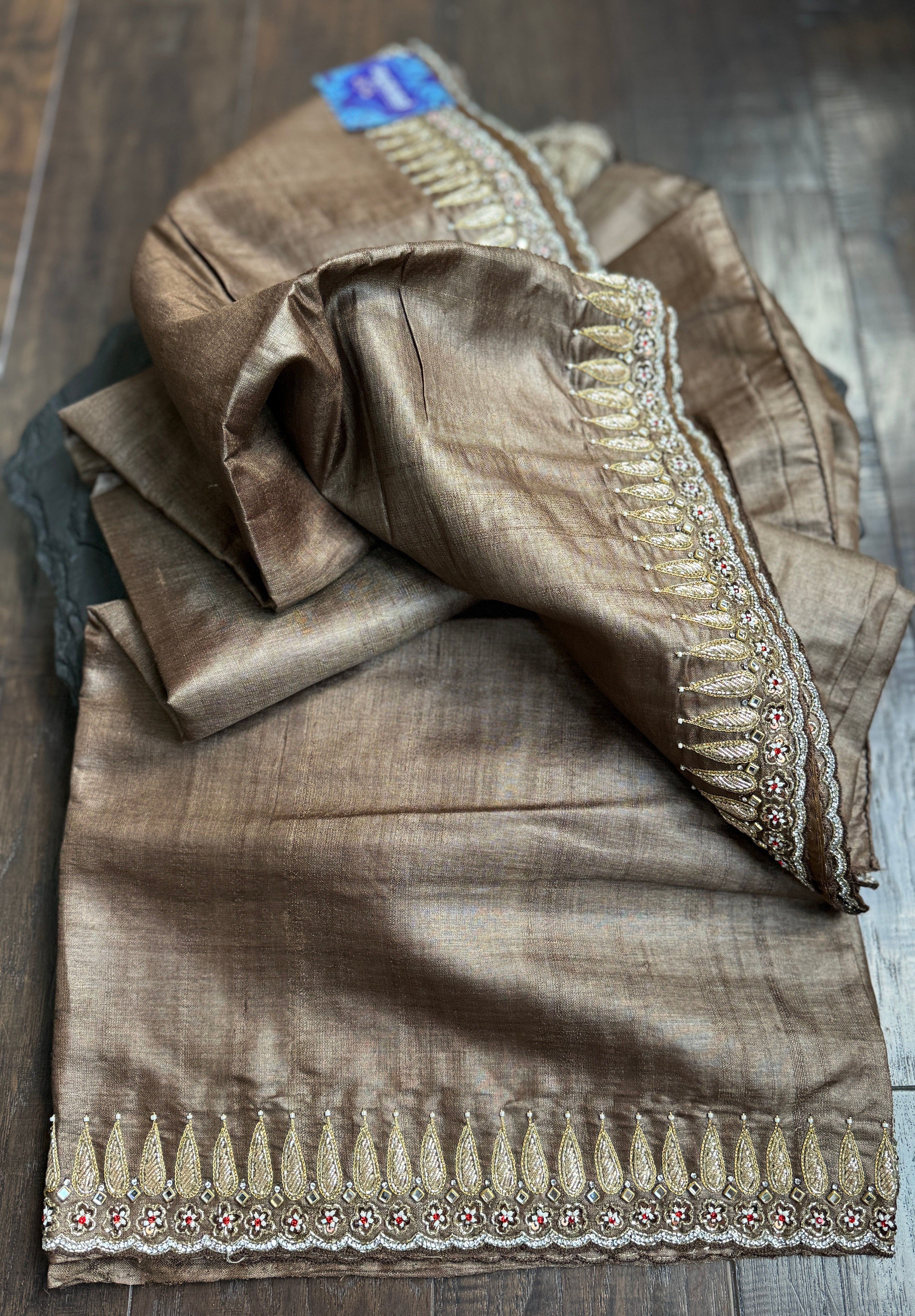 Designer Hand Zardozi Pure Tussar Silk - Brown