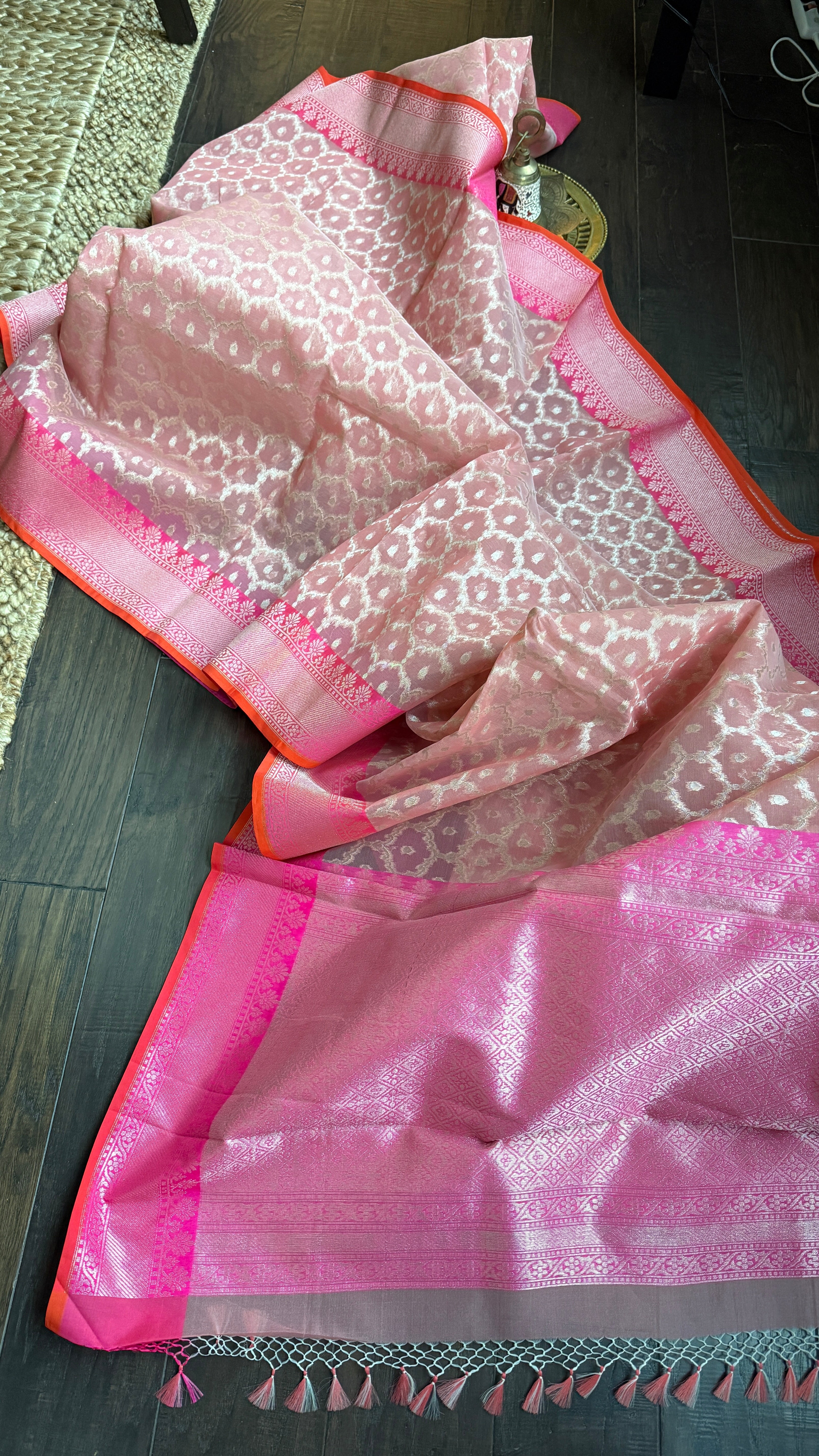 Kora Silk Banaras Chanderi - Peach Pink