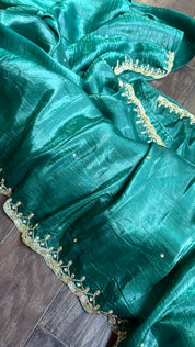 Designer Crushed Tissue Silk - Teal Gree Embroidered