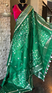 Pure Chanderi Silk - Green Silver Zari