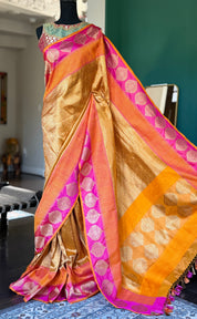 Pure Silk Brocade Banarasi - Mustard Yellow Orange Khadhua Woven