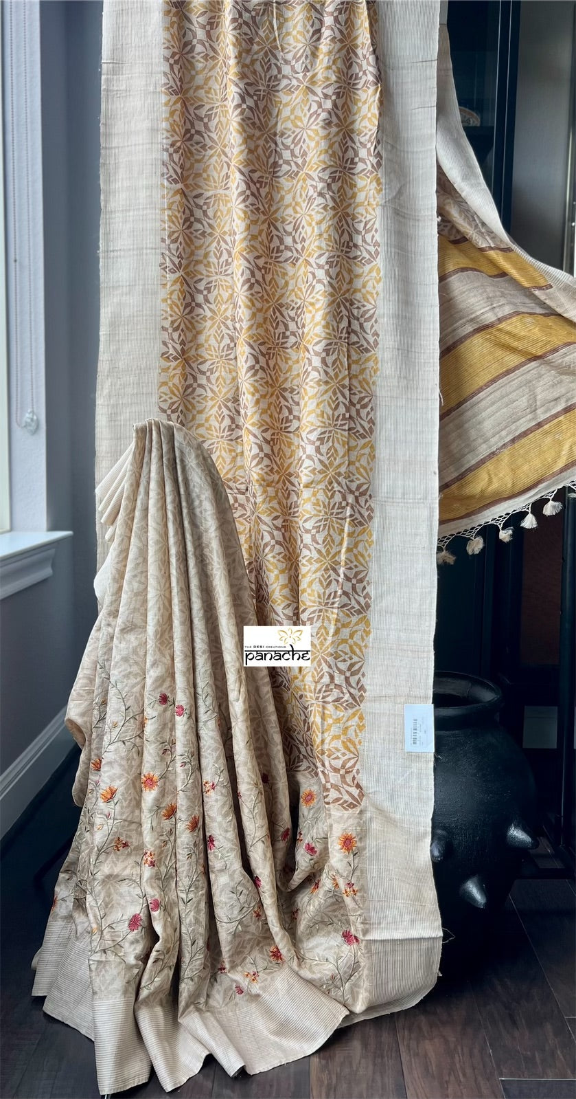 Pure Tussar Silk - Embroidered Printed Half Half