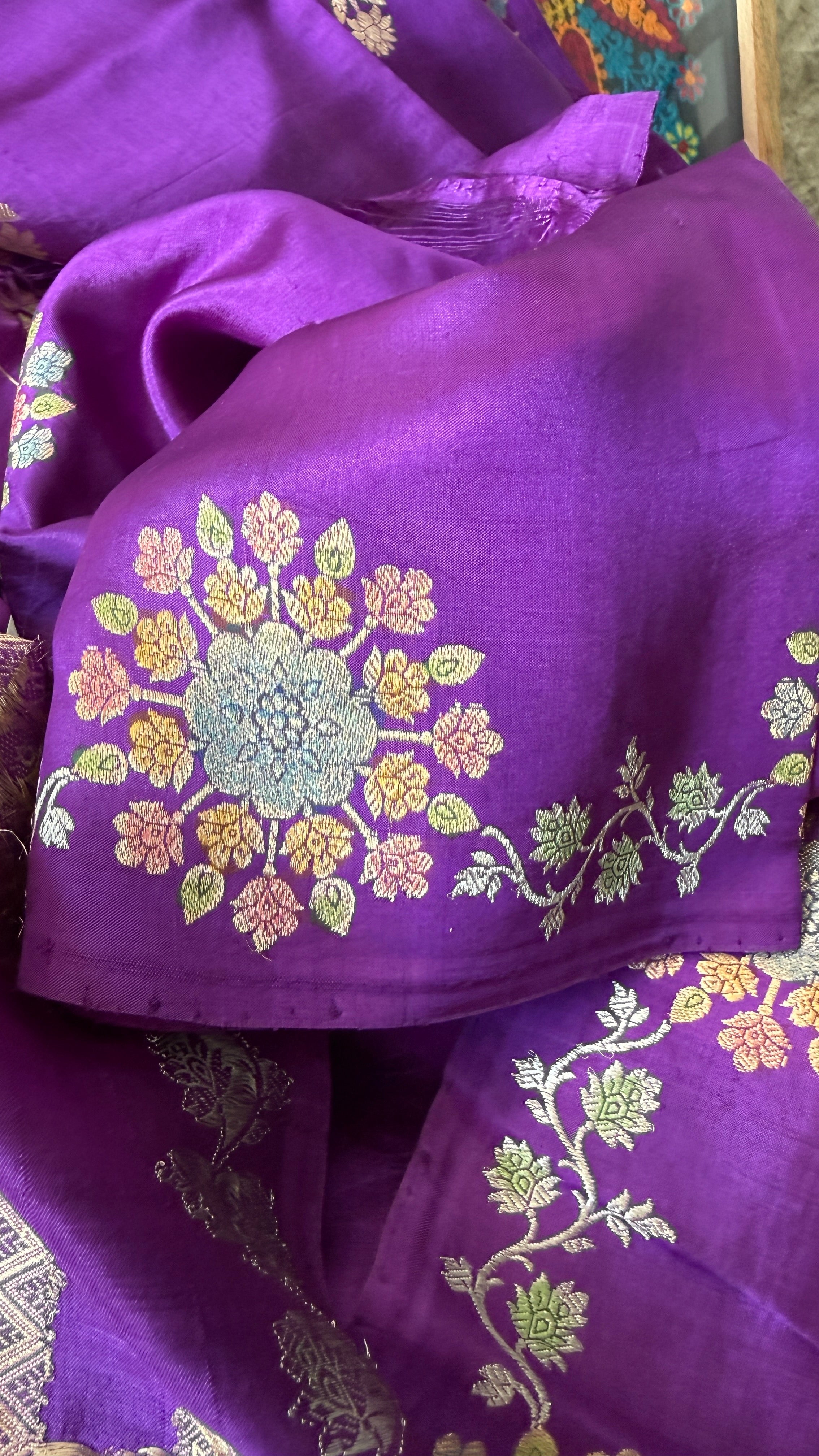 Pure Katan Silk Banarasi - Purple Hand Brush painted