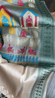 Pure Tussar Silk - Tan Beige Green Dolabedi