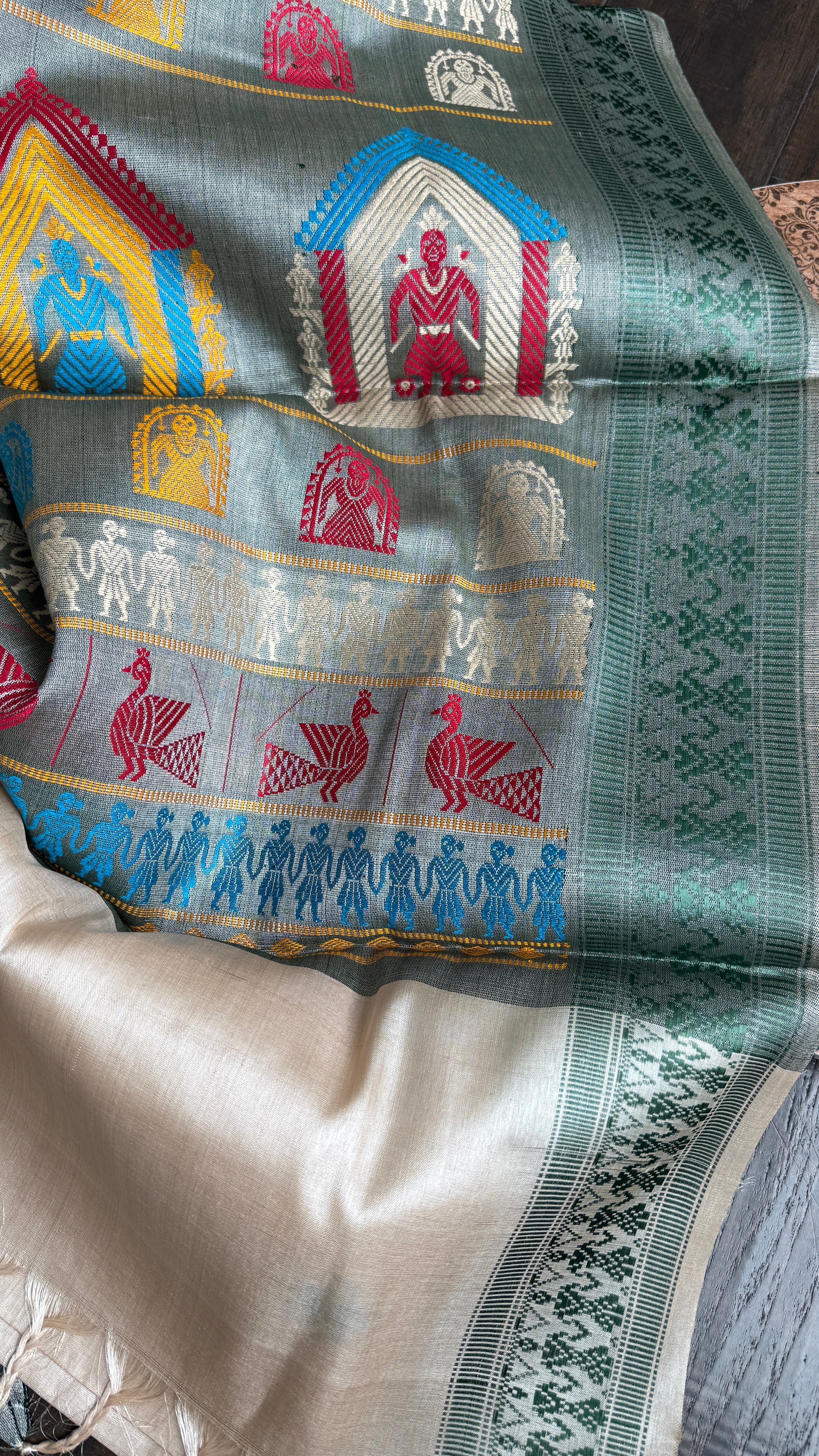 Pure Tussar Silk - Tan Beige Green Dolabedi
