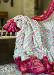 Pure Silk Ikat -  Offwhite Green Magenta