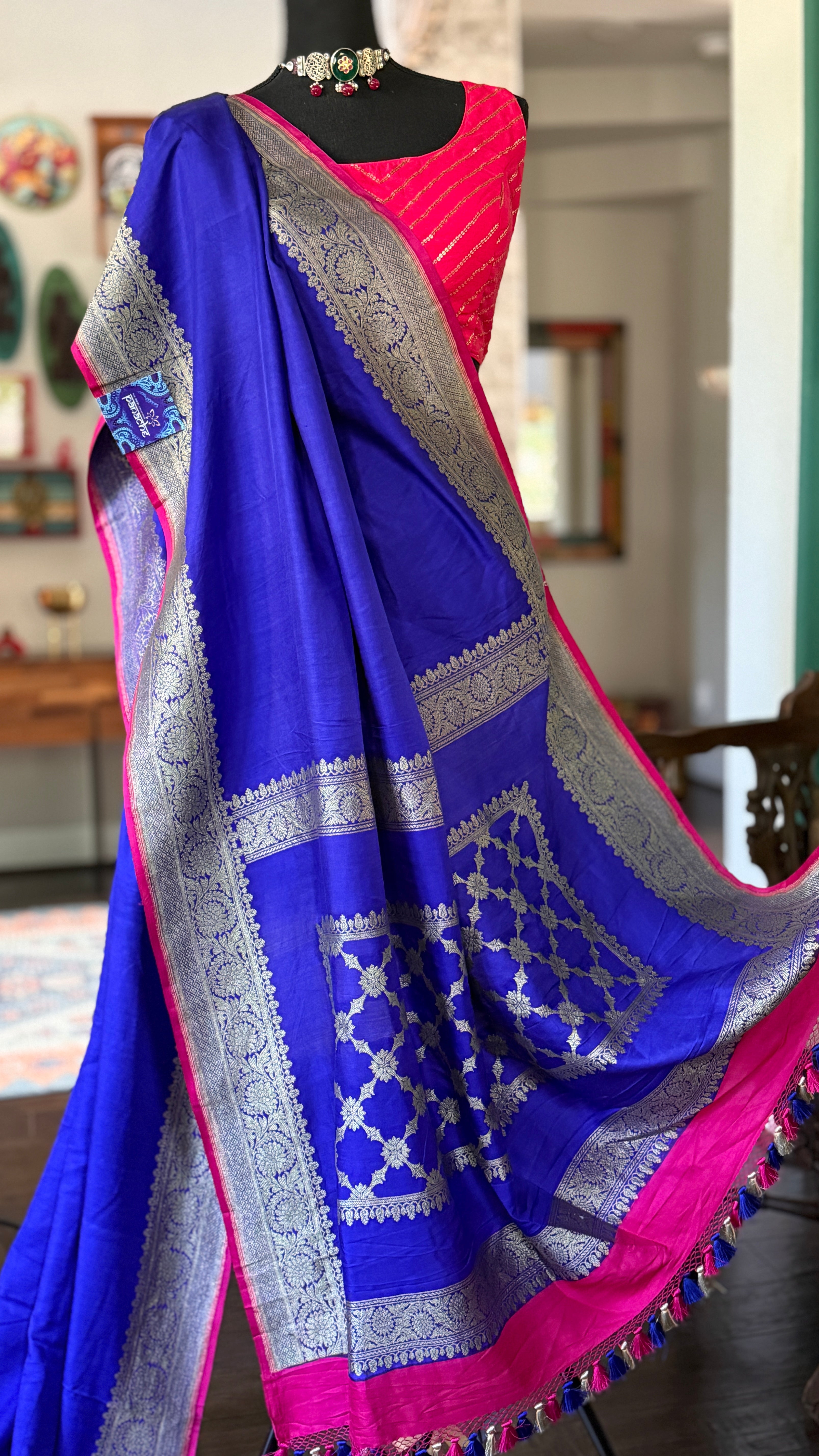 Pure Silk Mashru Banarasi- Purplish Blue Magenta