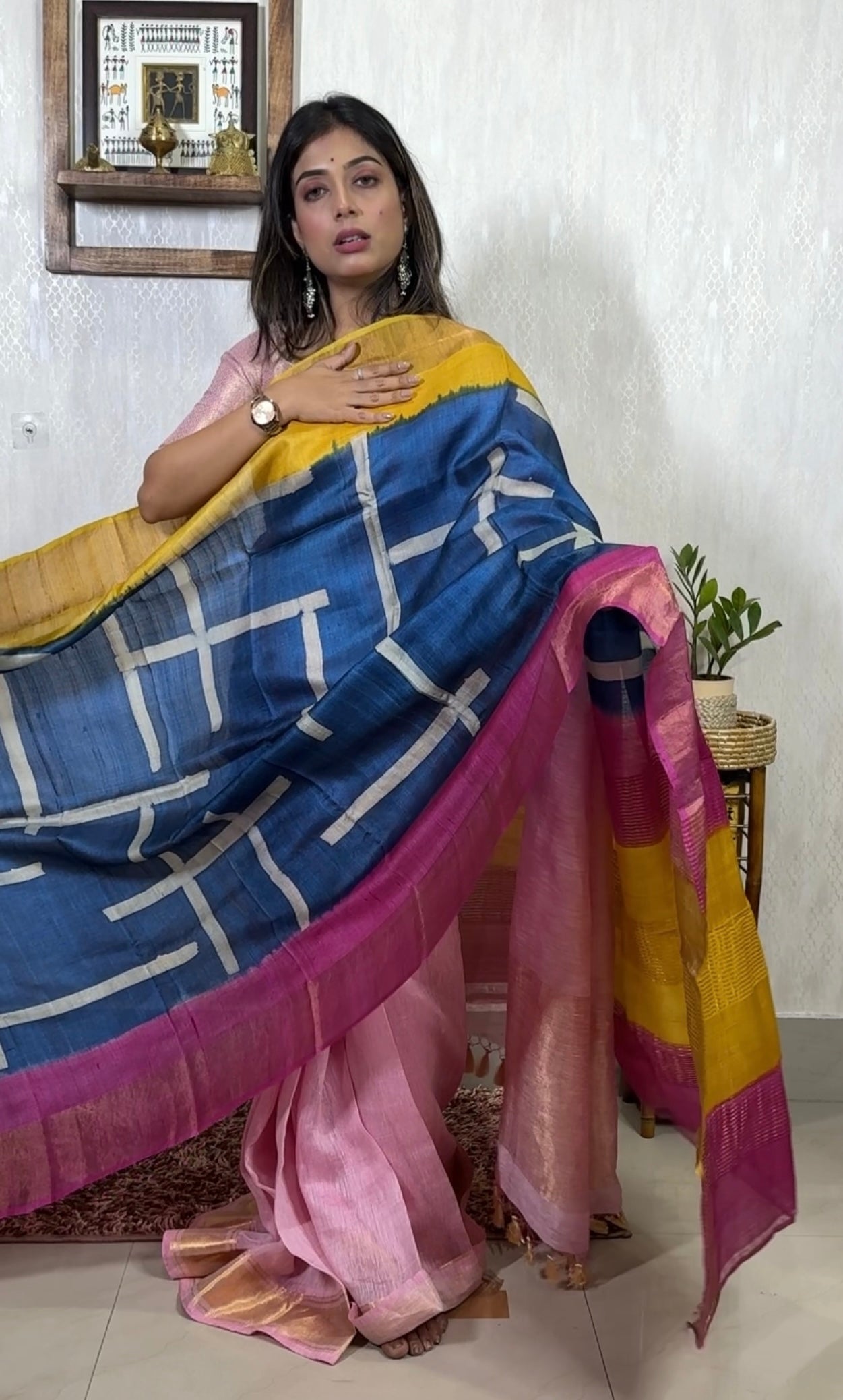 Pure Tussar Silk - Blue Yellow Pink Hand-Block Printed