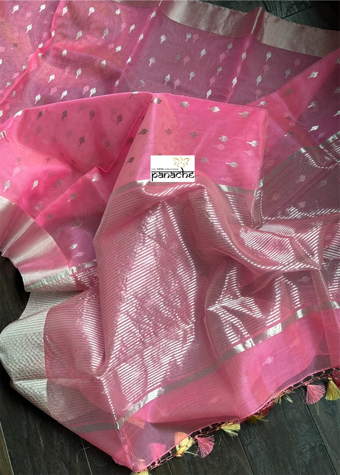 Chanderi Organza Silk - Pink Silver Zari