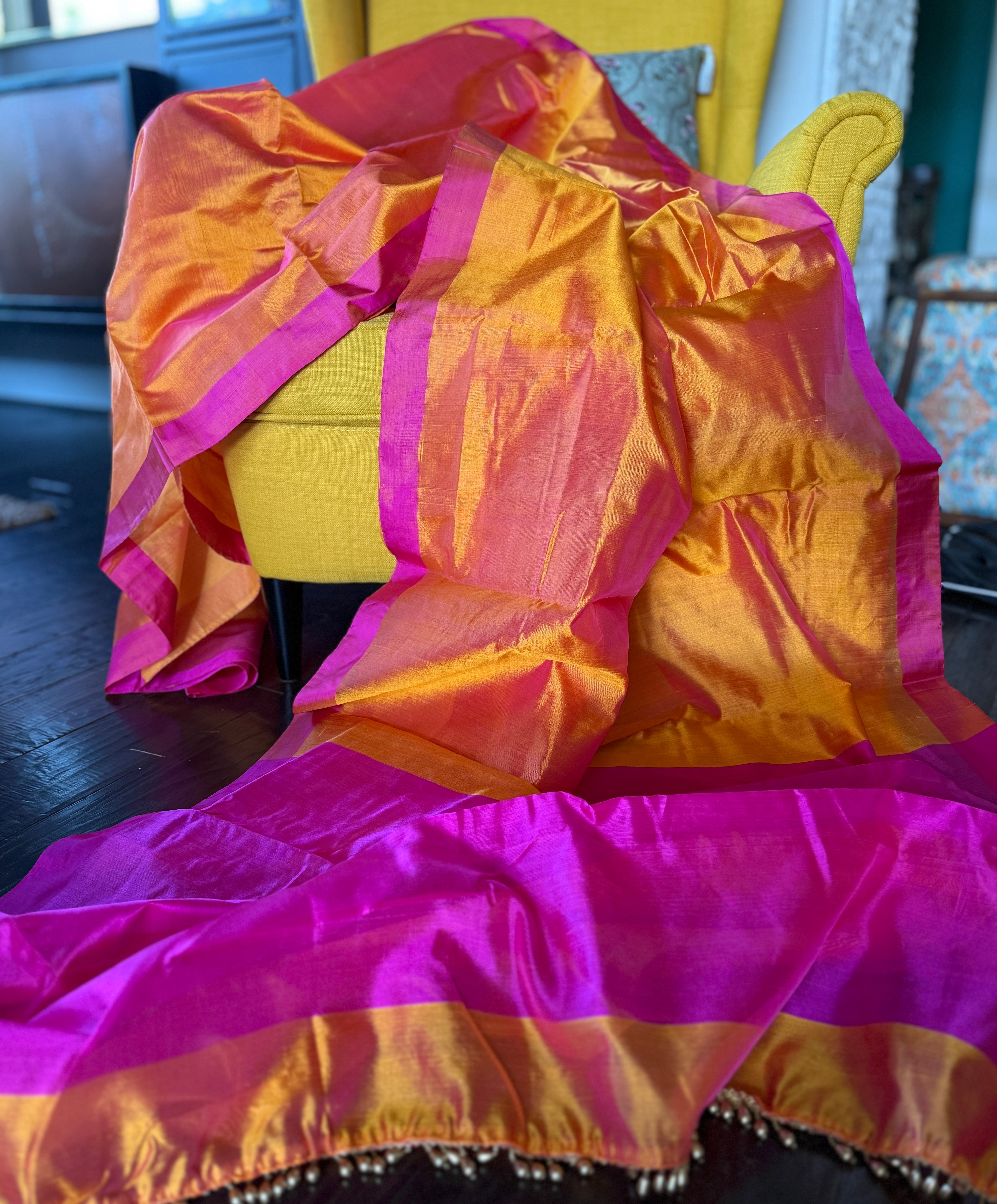 Pure Chanderi Pattu Silk - Sunrise Orange Pink