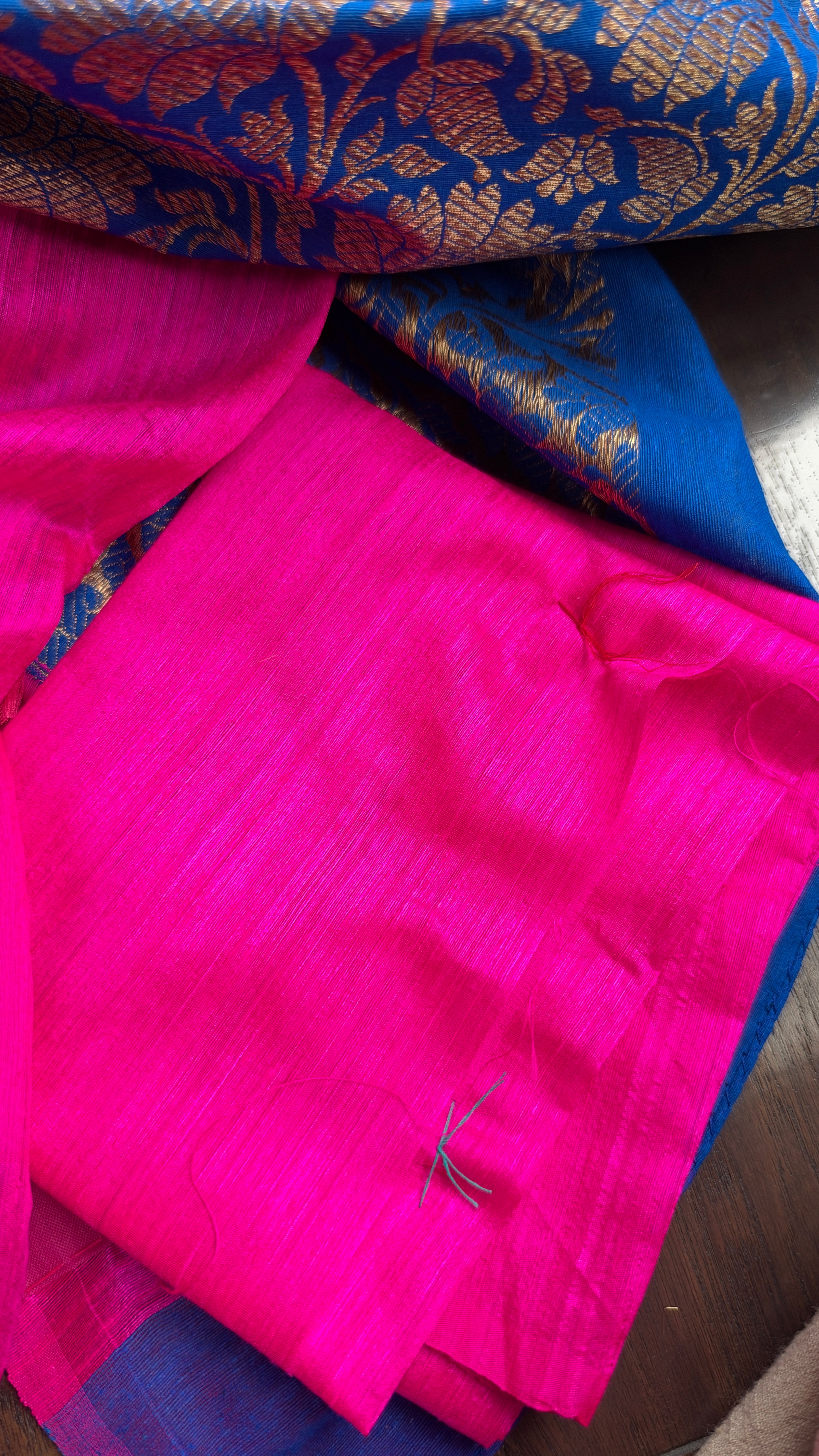 Raw Silk Banarasi - Blue Hot Pink Jaal Weave