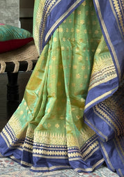 Organza Katan Silk Banarasi -  Pista Green Blue Kadwa