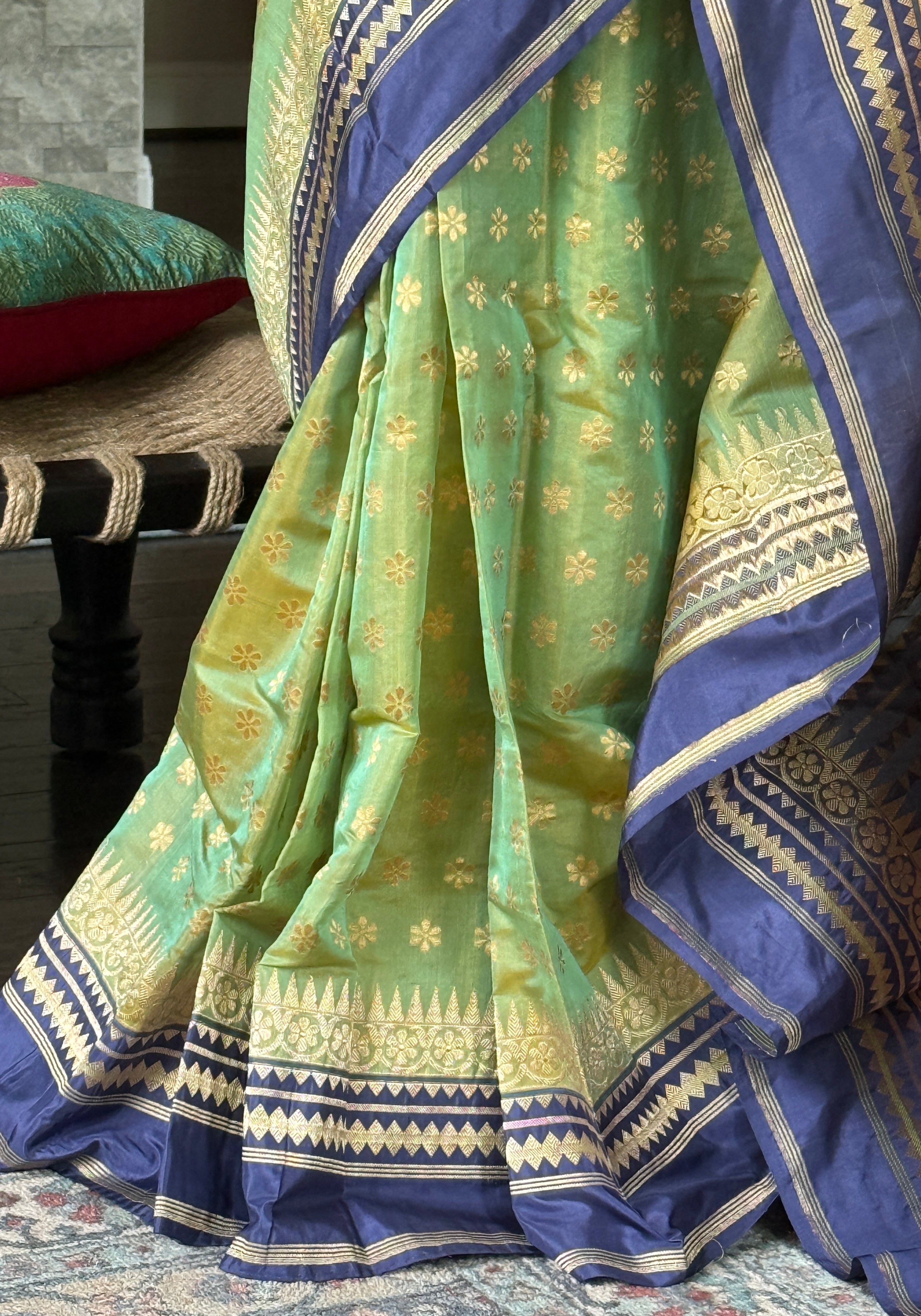Organza Katan Silk Banarasi -  Pista Green Blue Kadwa