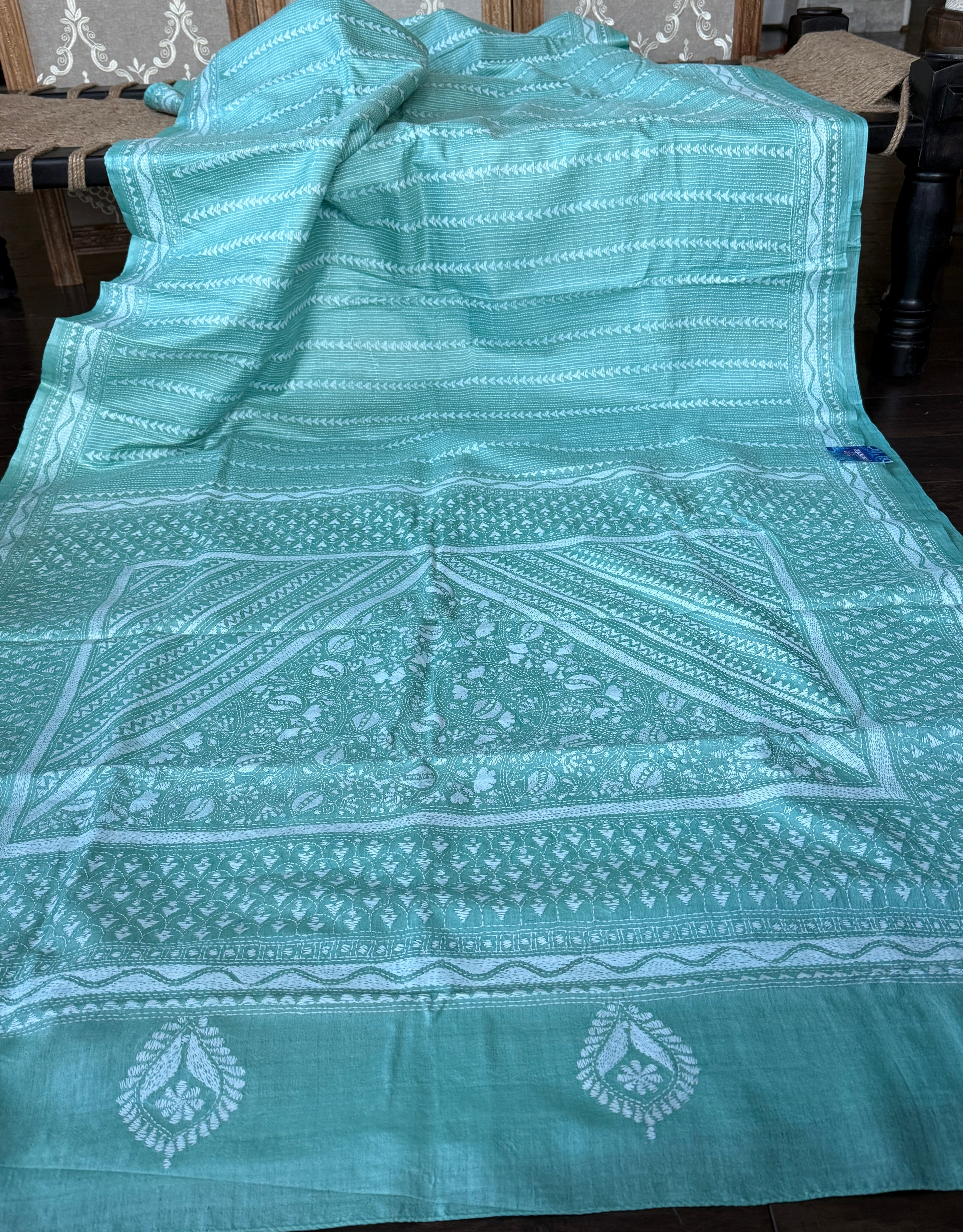 Pure Tussar Silk Kantha Stitch -  Mint