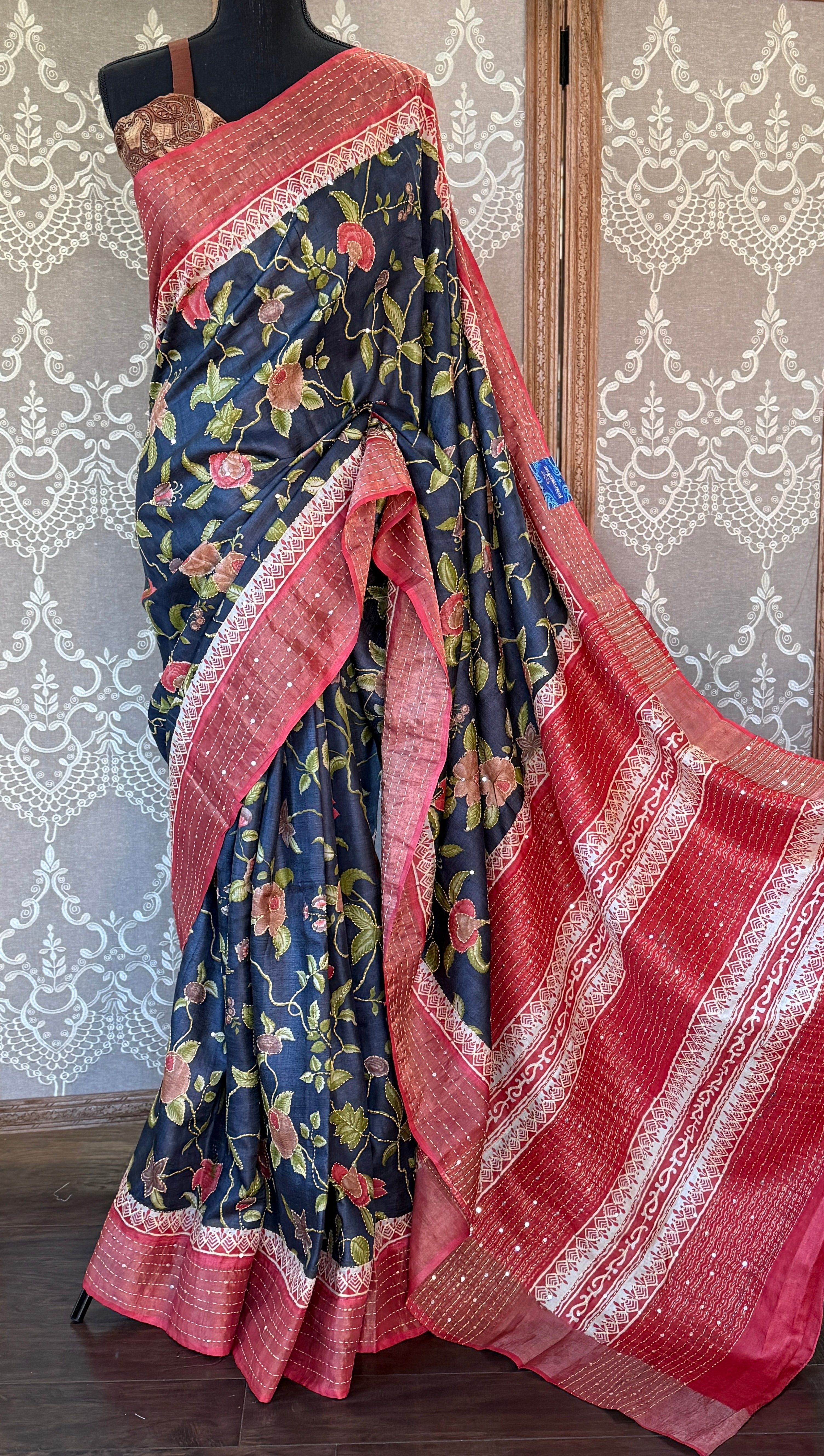 Printed Tussar Silk Kantha Stitch - Black