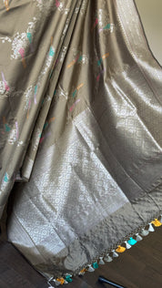 Soft Silk Banaras Saree - Cement Grey Meenakari