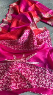 Bishnupur Silk Batik Soru Tuli -  Pink Orange White