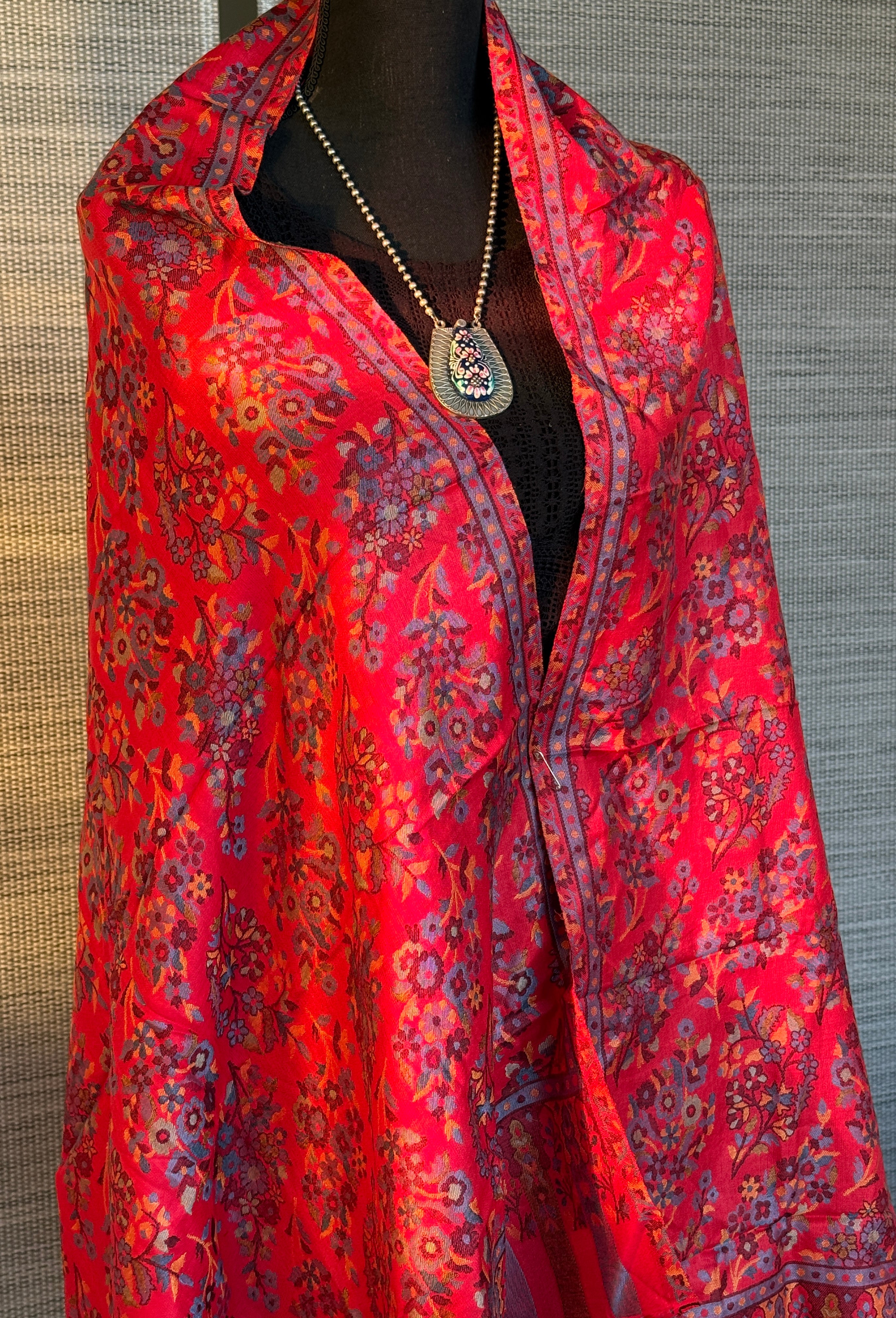 Kashmiri Semi Pashmina Stole - Red Multi 2 Resham Woven