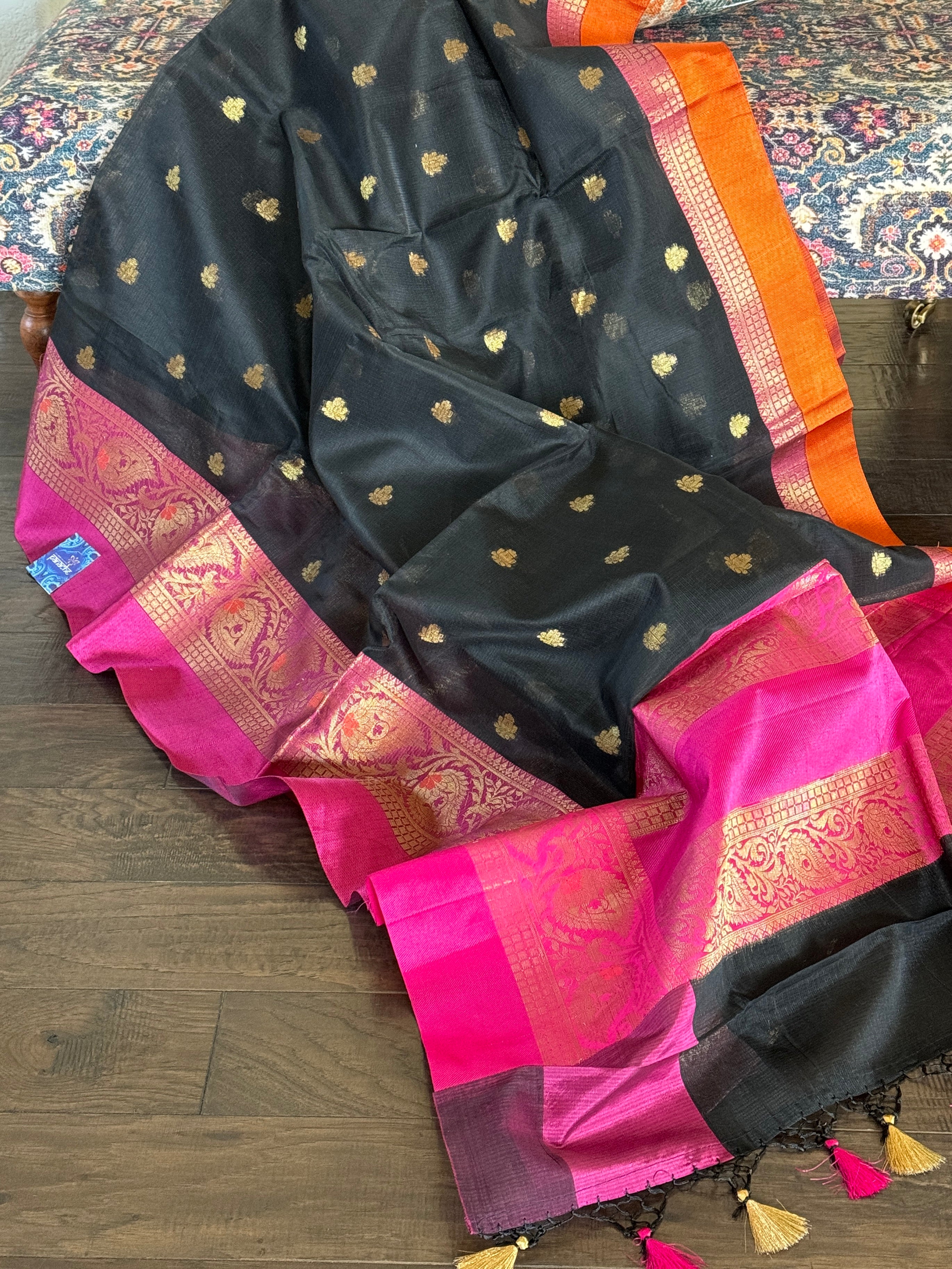 Cotton Silk Banaras Chanderi - Black Pink Orange