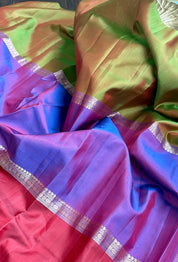 Pure Silk Mubbagam Kanjivaram - Red Green Purple Woven