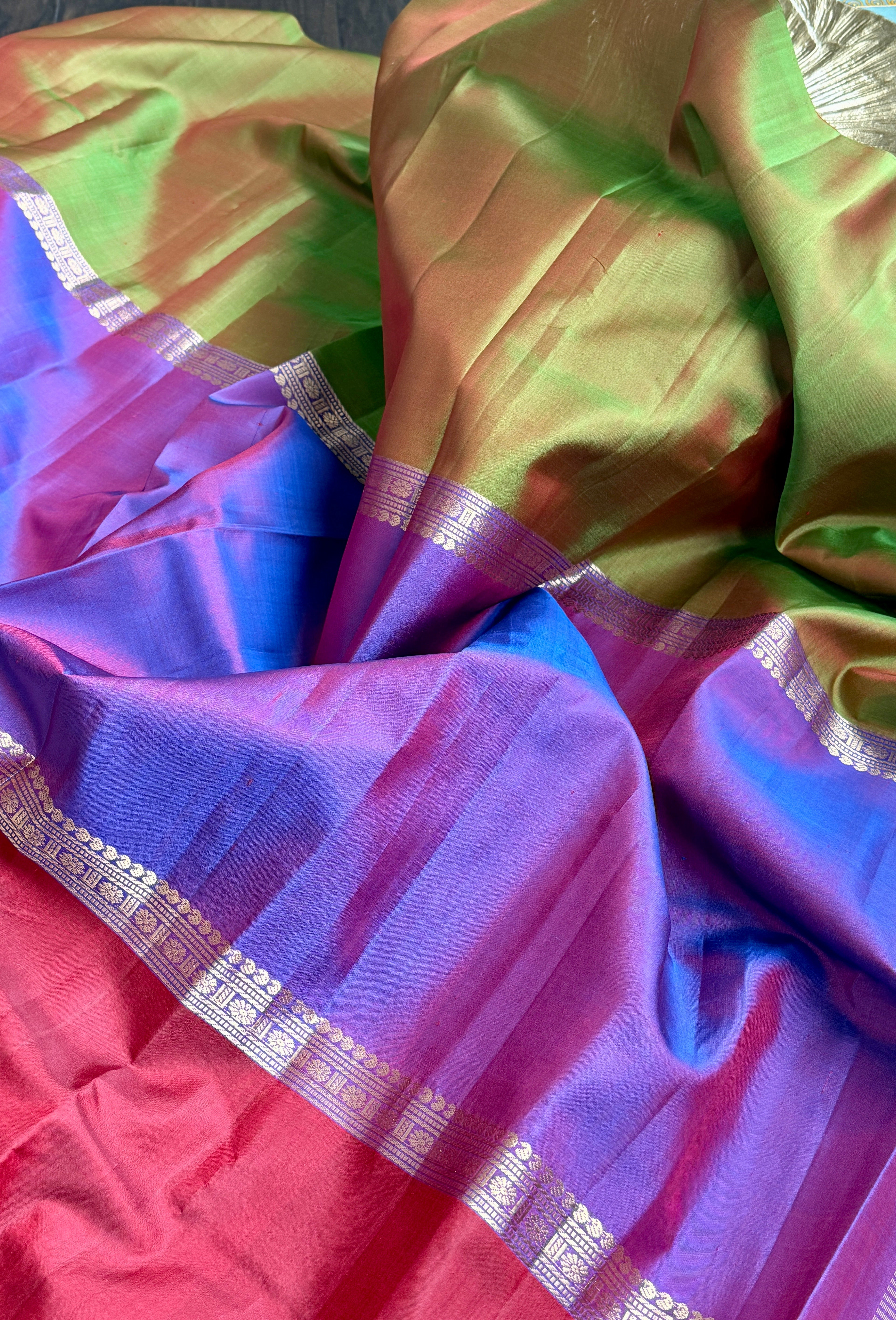 Pure Silk Mubbagam Kanjivaram - Red Green Purple Woven