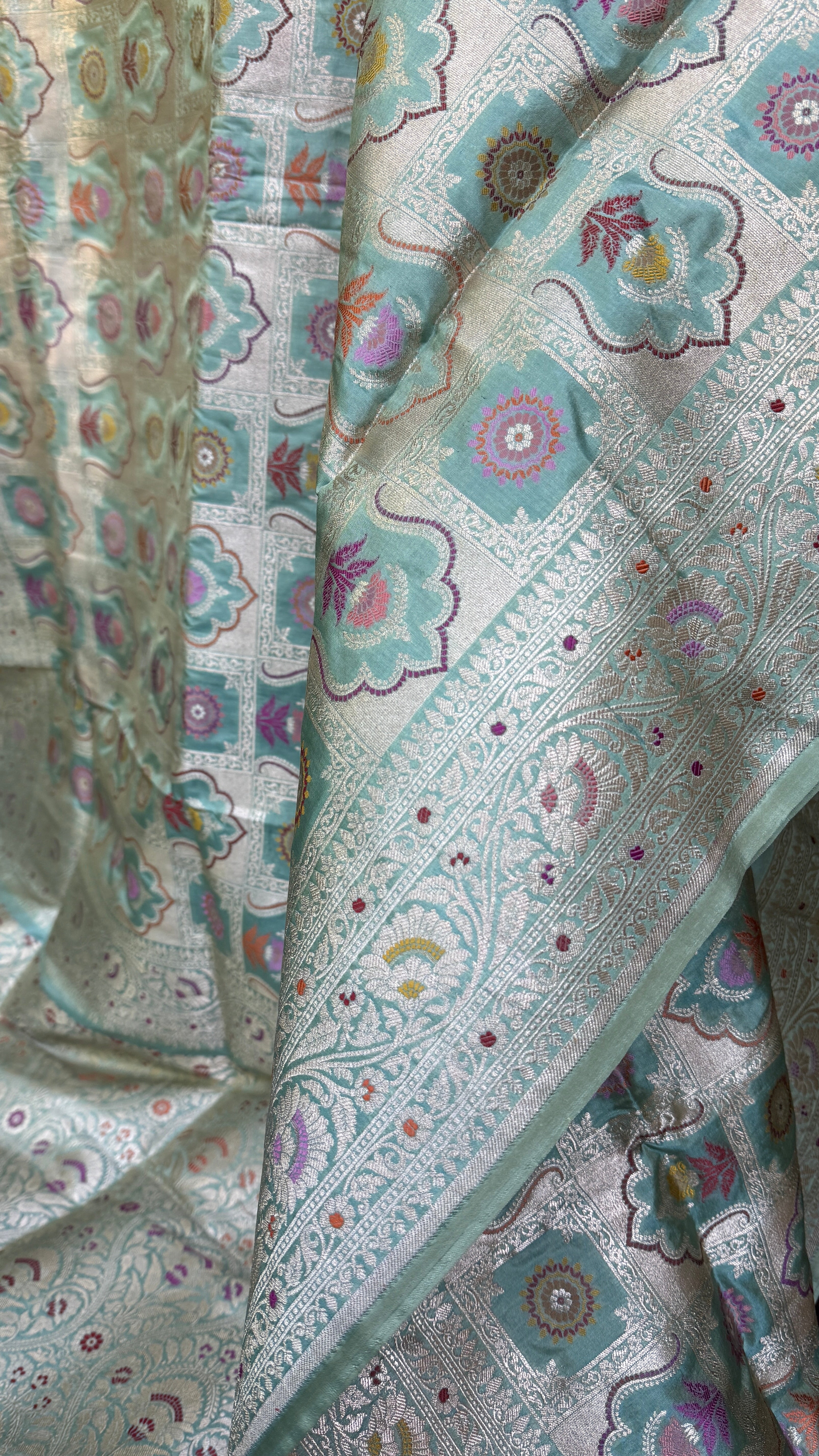 Pure Katan Silk Banarasi - Aqua Blue Multi Meenakari