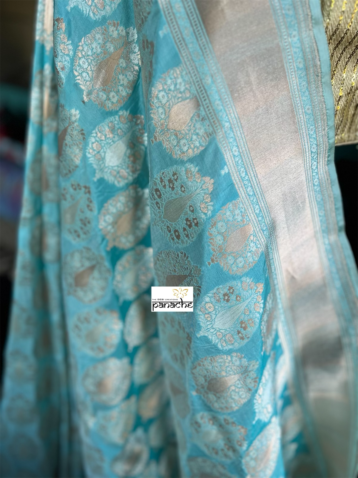 Pure Silk Katan Tissue Banarasi- Firozi Meenakari