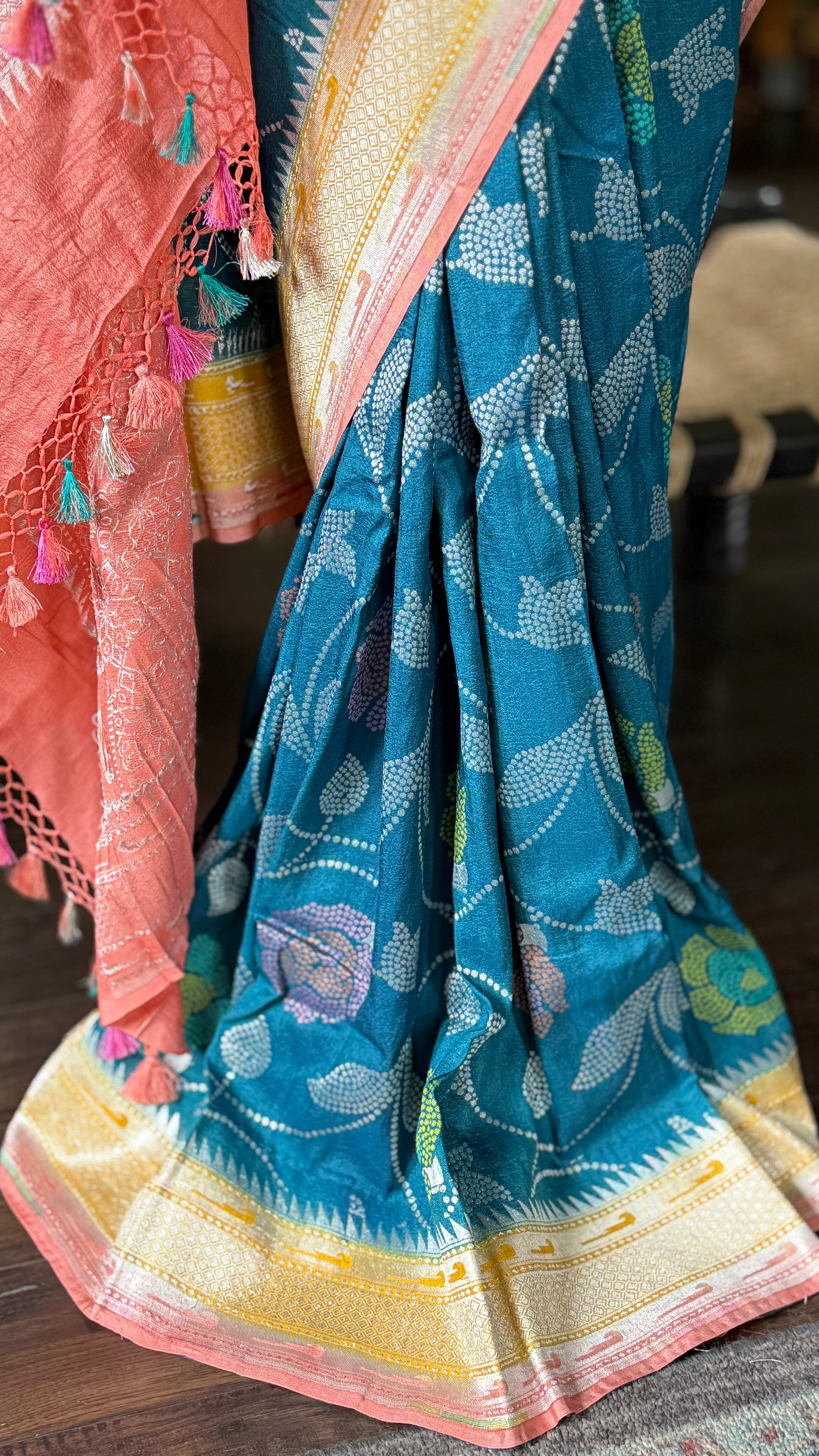 Khaddi Tussar Paithani Banarasi -  Teal Blue Multi Meenakari
