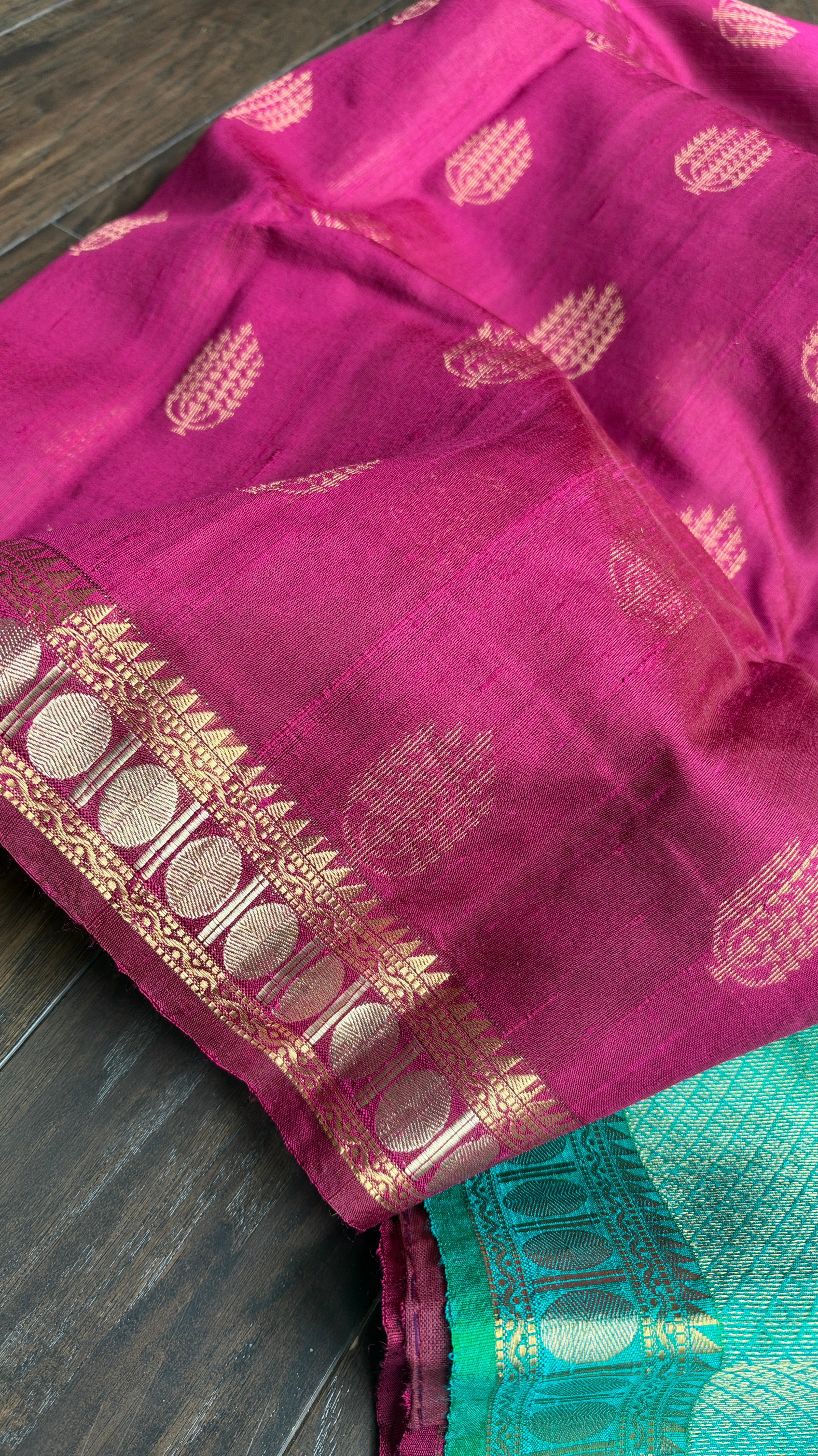Raw Silk Banarasi - Magenta Sea Green