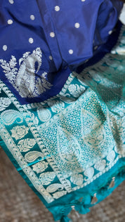 Pure Silk Katan Banarasi- Blue Sea green Kadhua