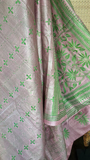 Pure Tussar Silk Kantha Stitch -  Light Pink Green