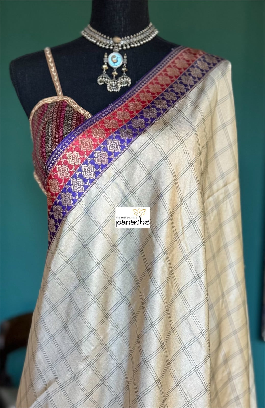 Pure Katan Silk Banarasi - Tan Checkered Kadhua