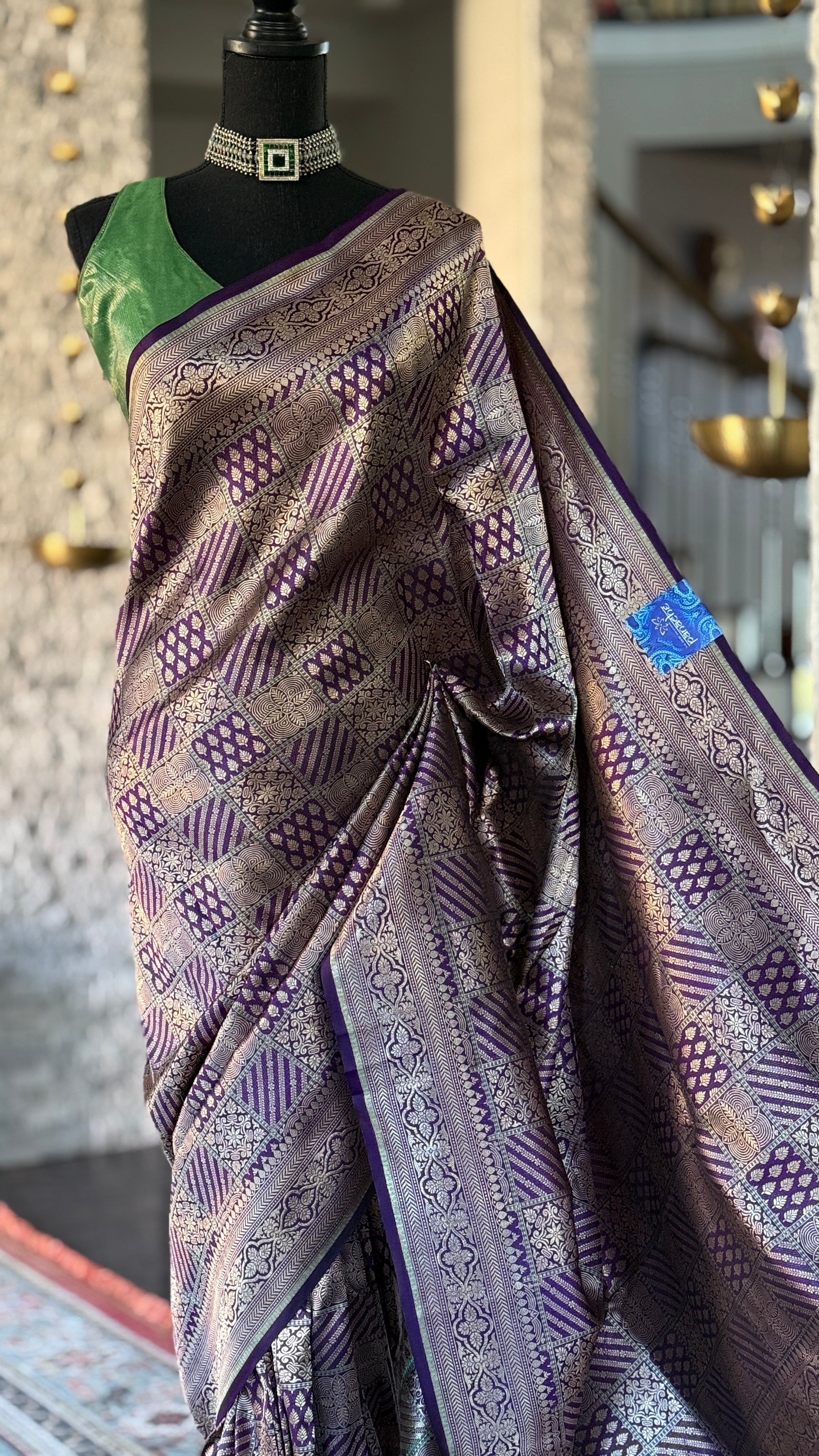 Pure Silk Katan Banarasi- Purple Antique Gold Zari