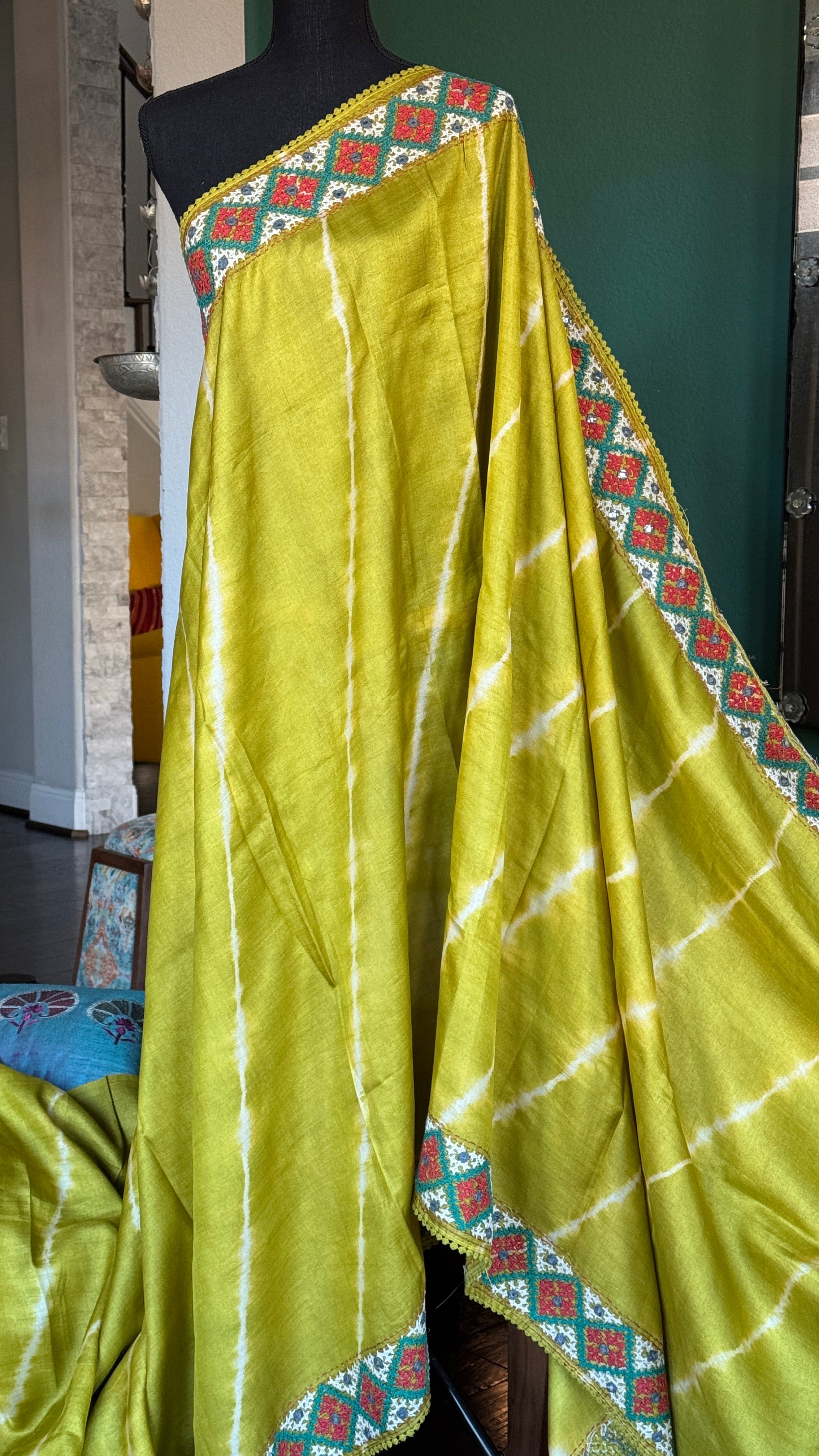 Pure Tussar Silk Gujrati Stitch -  Lime green Shibori Hand Embroidered