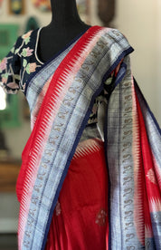 Tussar Georgette Banarasi - Red Navy Blue Kadwa
