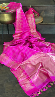Pure Katan Silk Banarasi - Pink Checkered