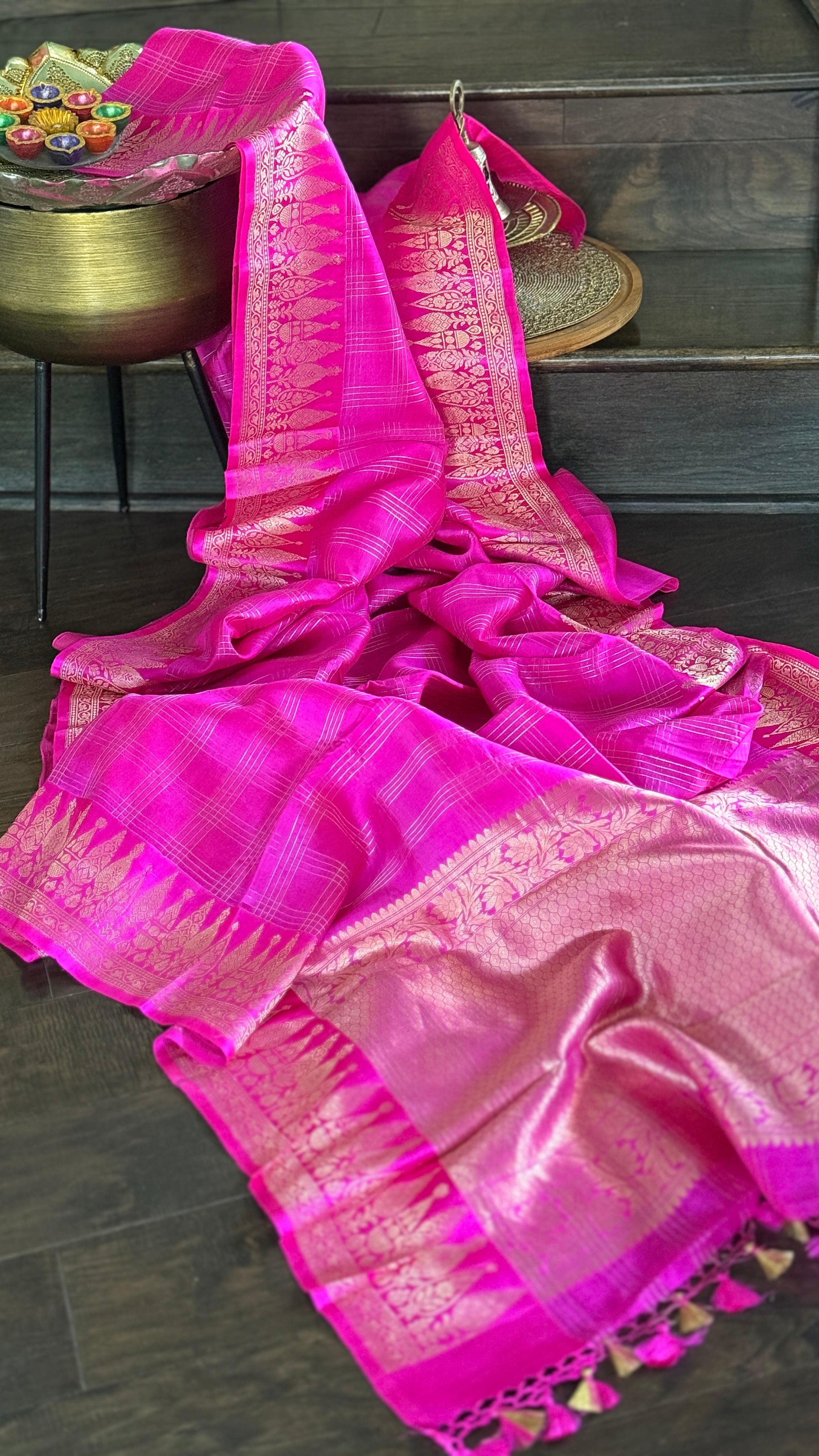 Pure Katan Silk Banarasi - Pink Checkered