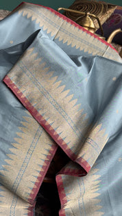 Katan Silk Banarasi - Soft Blue Grey Red Kadhua