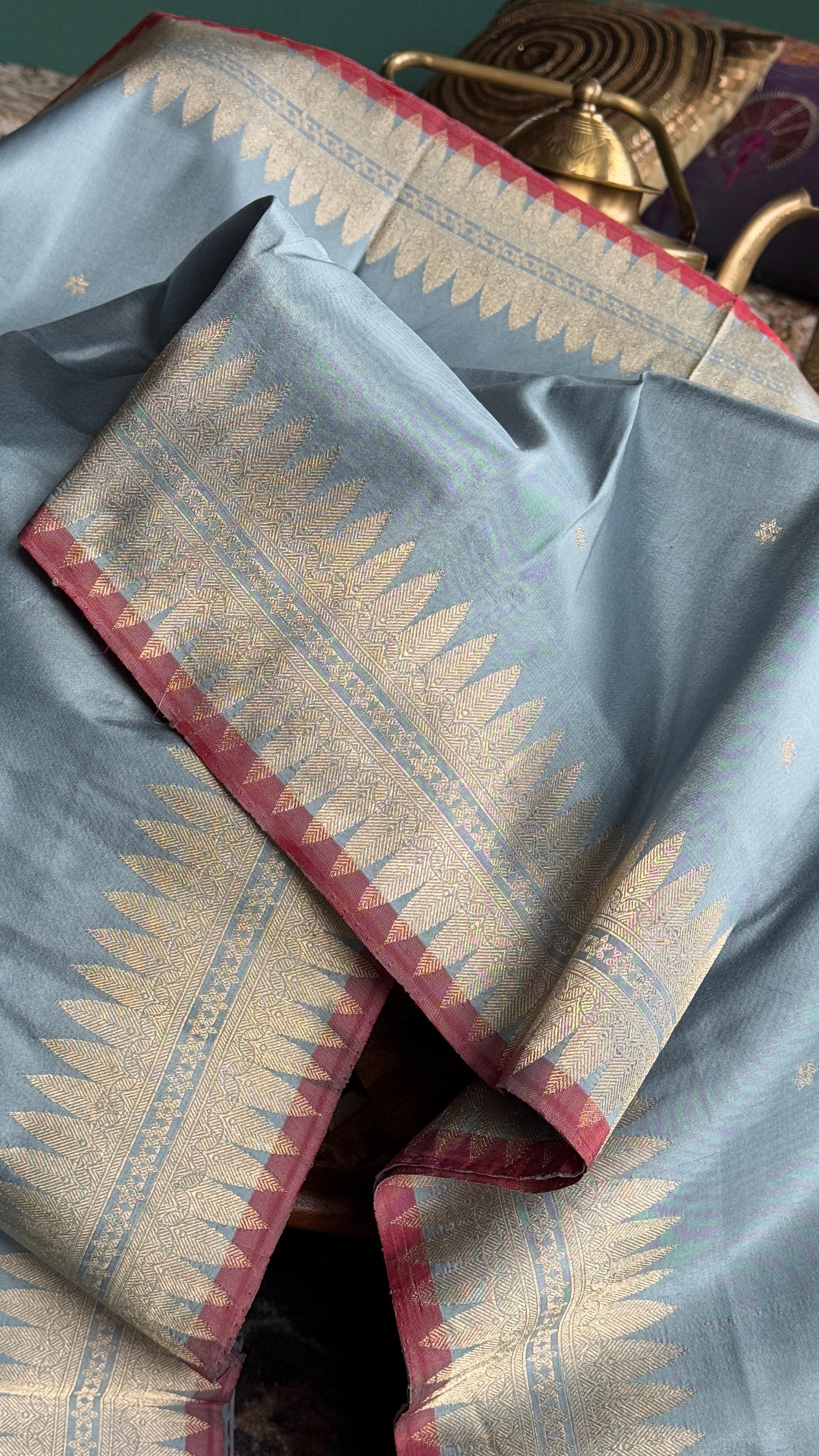 Katan Silk Banarasi - Soft Blue Grey Red Kadhua