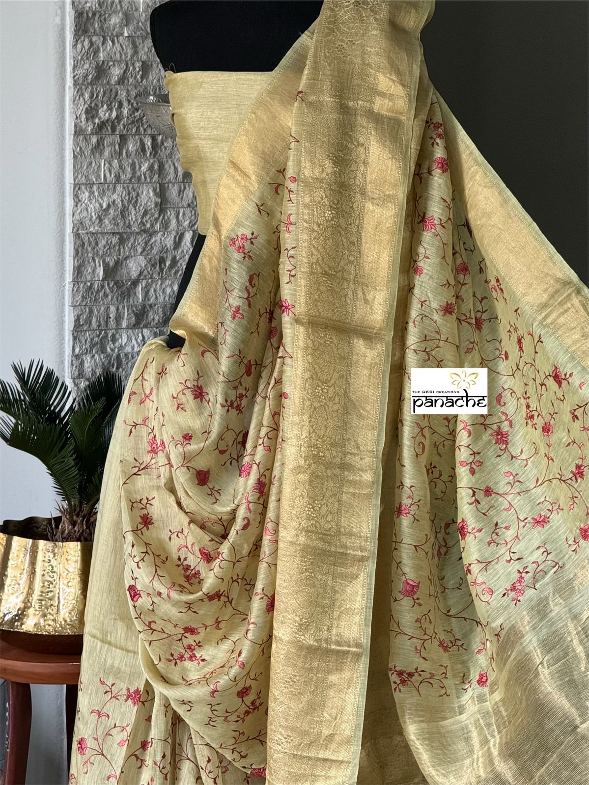 Embroidered Linen Silk Banarasi- Light Greenish Yellow