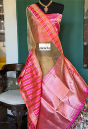 Organza Katan Silk Banarasi -  Tan Pink Orange Checkered