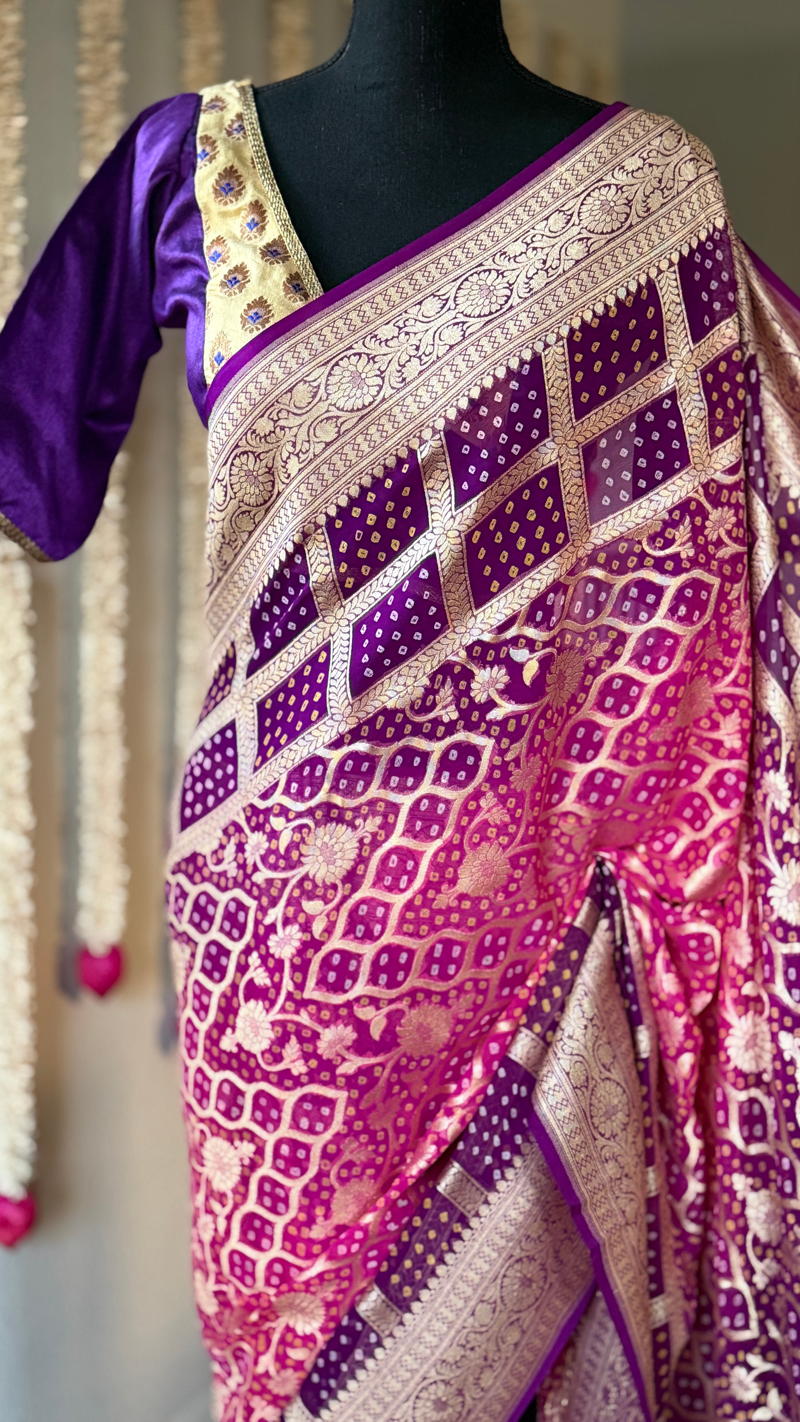 Bandhej Khaddi Georgette Banarasi - Pink Purple