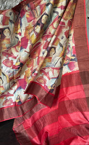 Pure Tussar Silk - Beige Red Printed